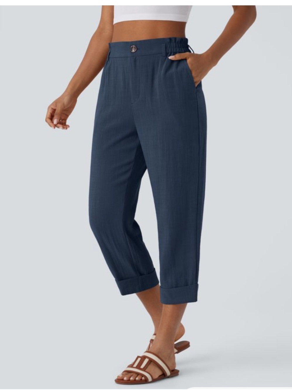 Halara High Waisted Zipper Pocket Cropped Linen-Feel Pants